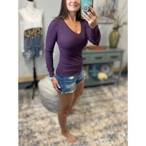 ❤️‍🔥Deep V-Neck Cleavage Thermal Waffle Slimming Shirt Top Dark Purple 1716